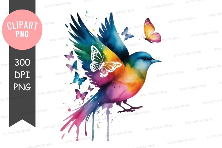 Colorful bird with butterflies clipart png