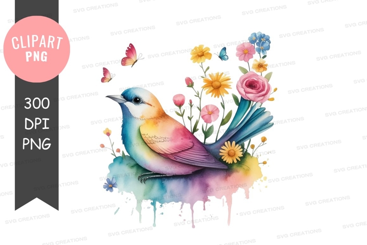 Colorful bird with flowers and butterflies png