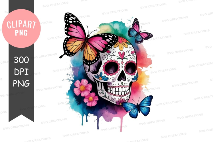 Colorful sugar skull with butterflies