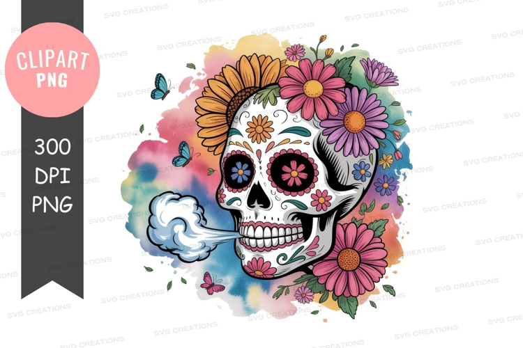 Vibrant sugar skull with flowers and butterflies