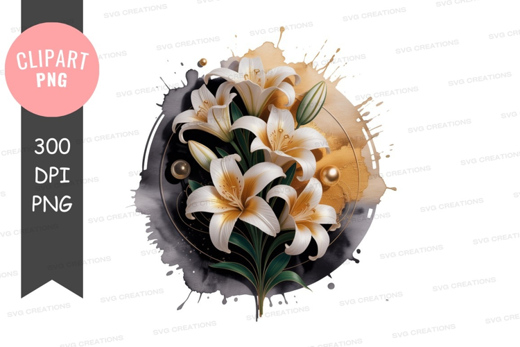 Elegant white lilies with golden accents png