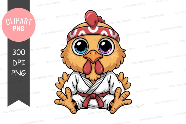 Cartoon chicken in martial arts gear