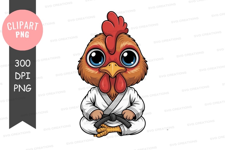 Cartoon chicken in karate uniform