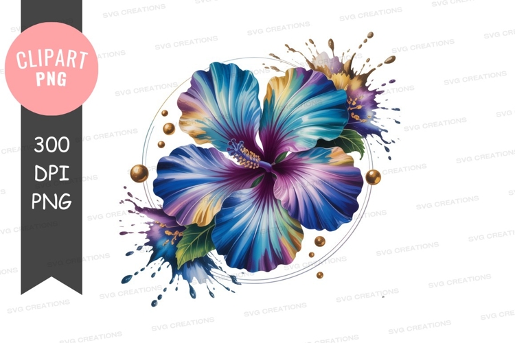 Vibrant blue and purple hibiscus flowers with golden accents