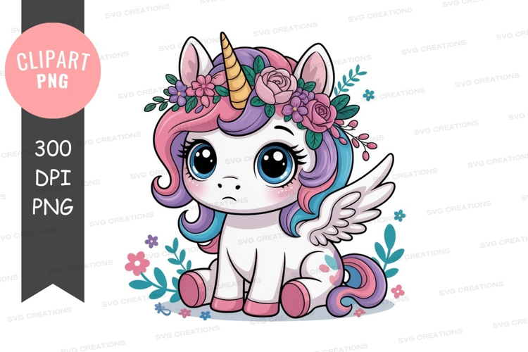 Cute unicorn with wings and floral crown