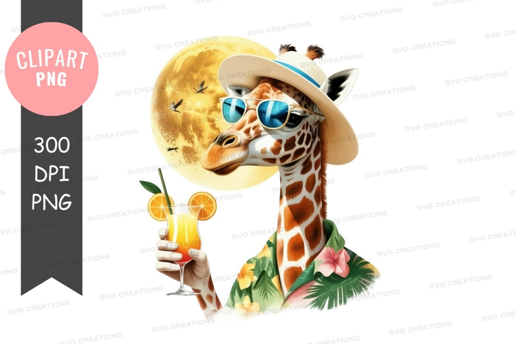 Giraffe enjoying a tropical drink under the moon