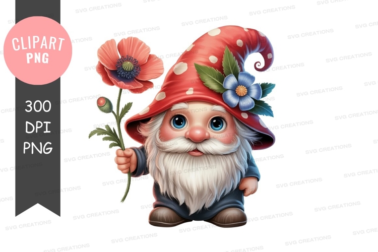 Whimsical gnome holding flowers