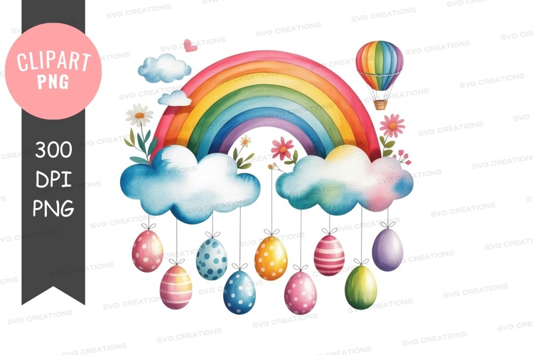 Colorful easter celebration with rainbow and hot air balloon