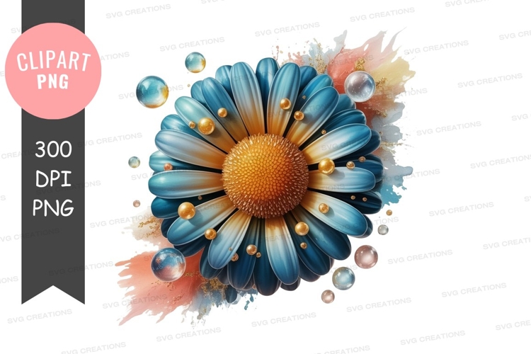 Blue and gold daisy with watercolor splash