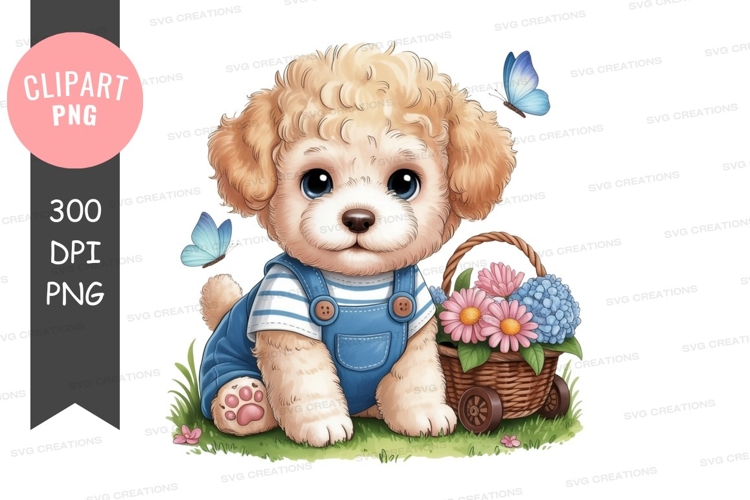 Adorable puppy with flowers and butterflies