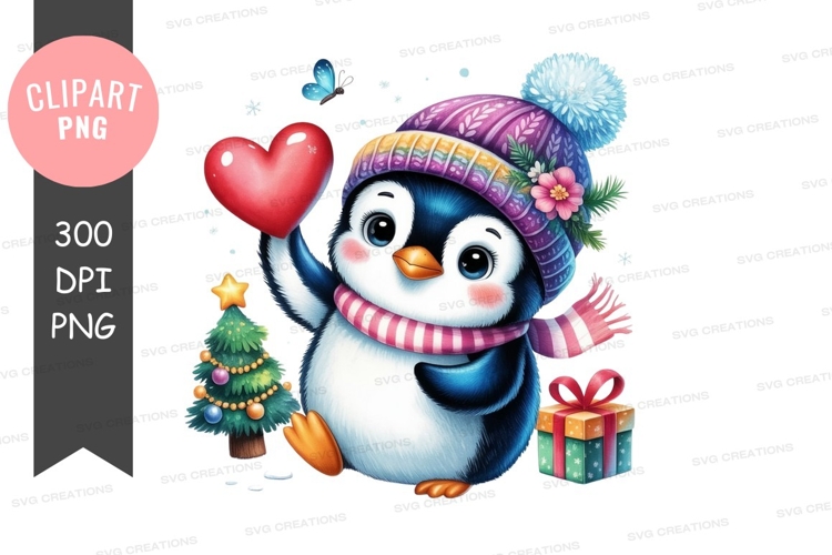 Happy penguin with heart and christmas tree