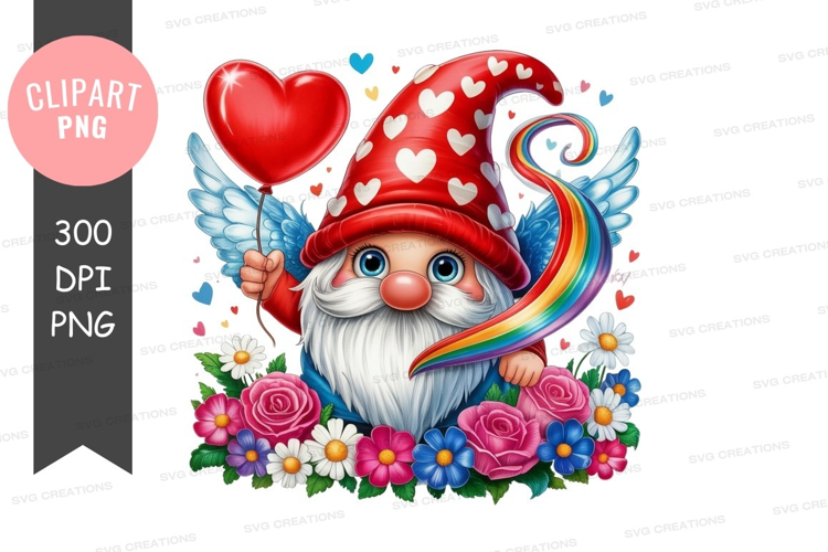 Whimsical gnome with heart balloon
