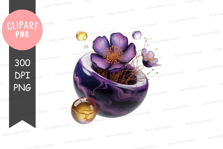 Purple floral arrangement in marble vase