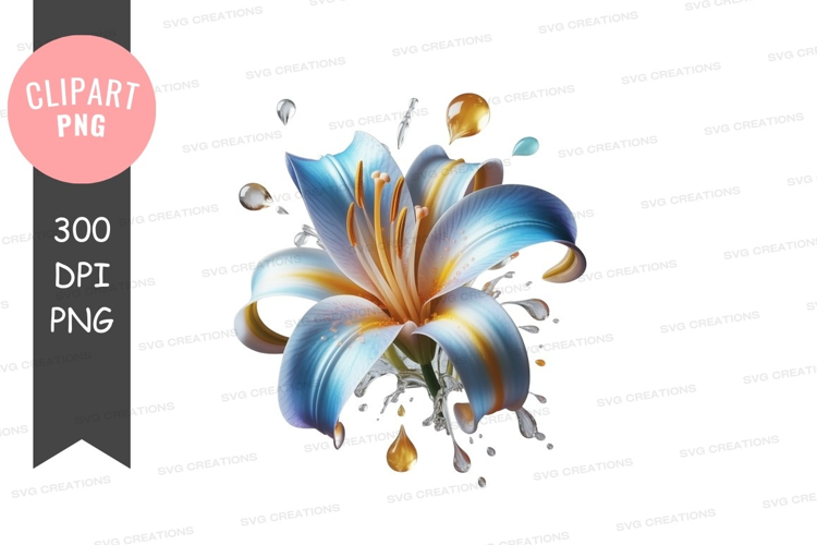 Blue and gold flower with water droplets