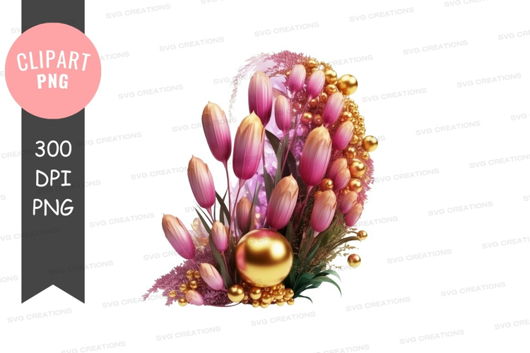 Elegant floral arrangement with golden ornaments