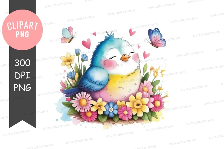 Colorful bird in a bed of flowers