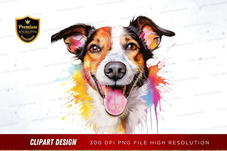 Happy dog with colorful splatter