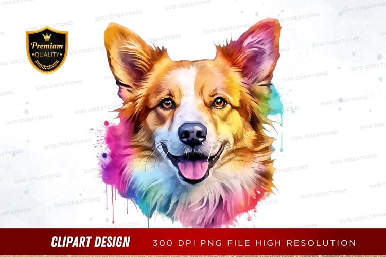 Happy corgi with colorful paint splashes