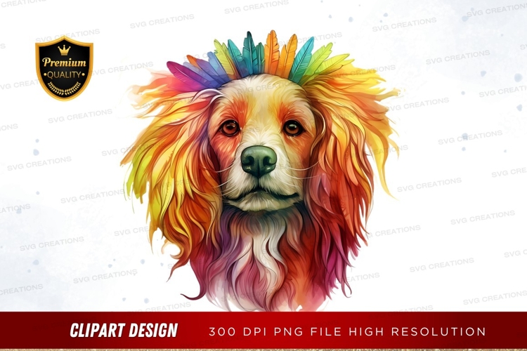 Colorful dog with feather headpiece clipart png