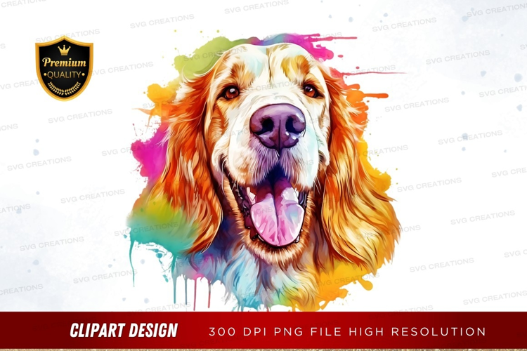Happy golden retriever with colorful splash
