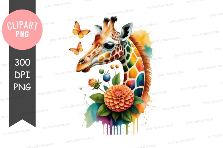 Vibrant giraffe with butterflies and flowers