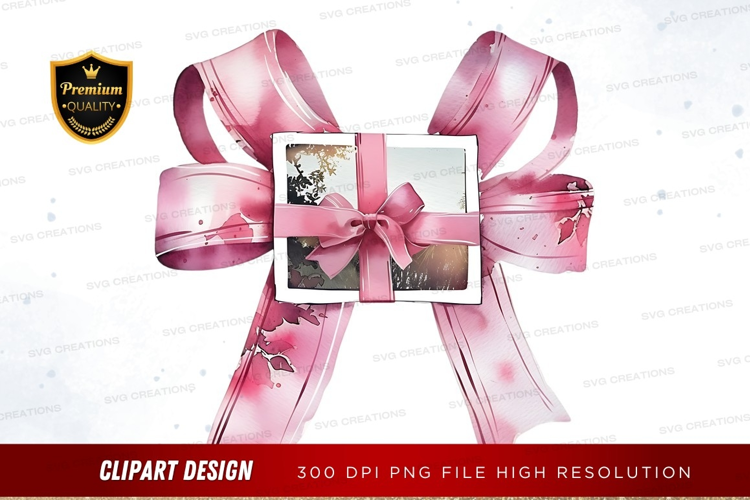 Polaroid photos with pink ribbon bow