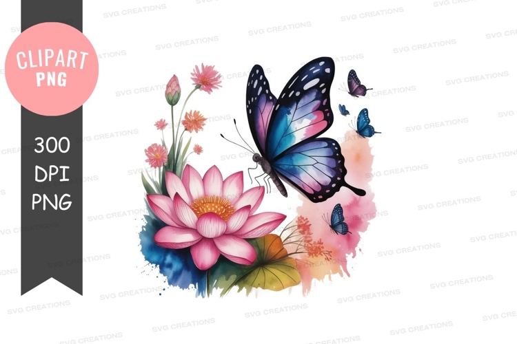 Colorful butterfly and lotus flower clipart png