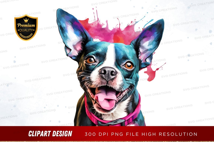 Playful boston terrier with watercolor splash