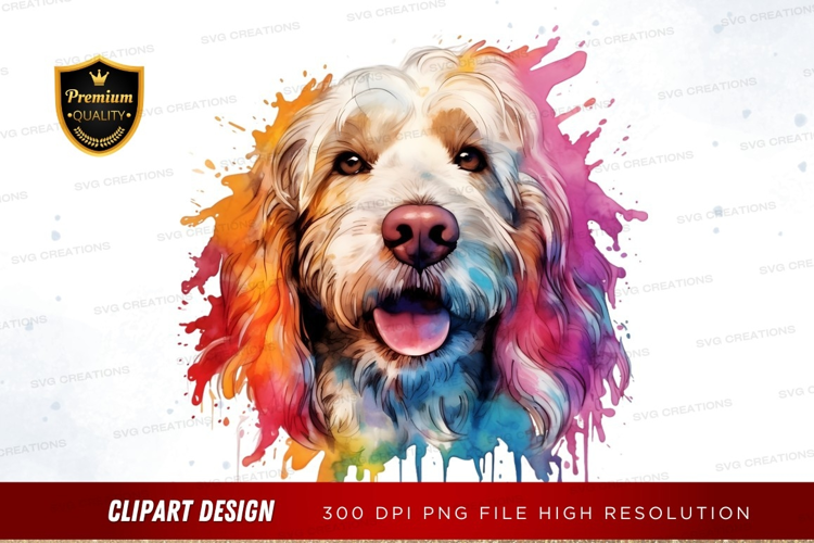 Happy dog with colorful paint splatter