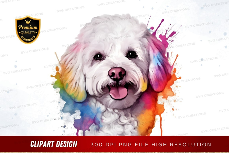 Happy bichon frise with colorful paint splatter