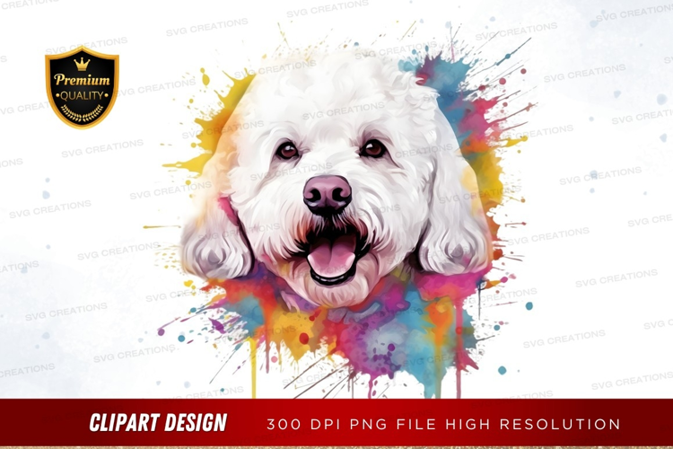 Happy white dog with colorful splash