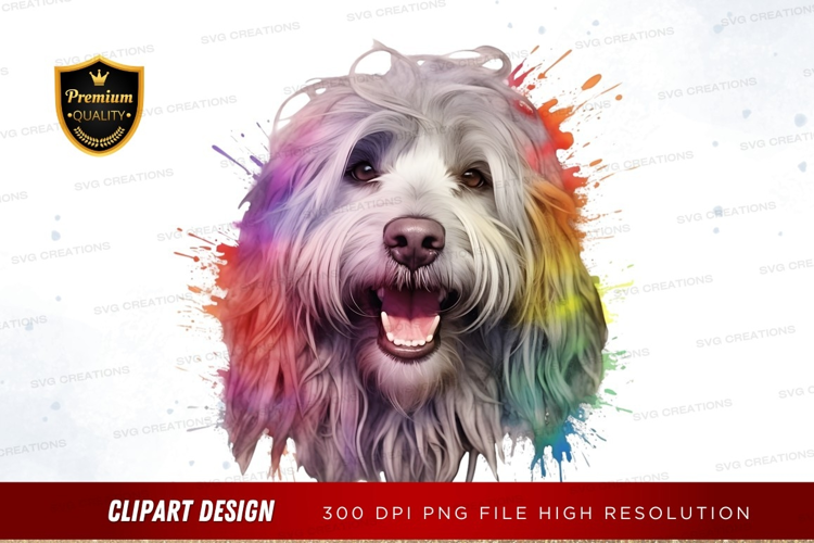Happy dog with rainbow paint splatter