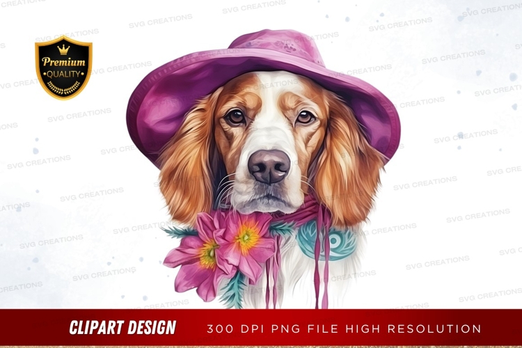 Stylish dog with hat and flowers