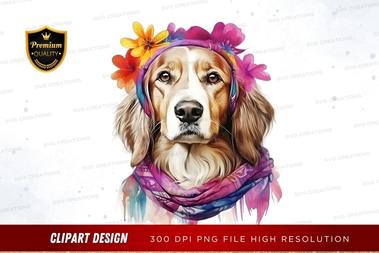 Dog with flower crown and headphones