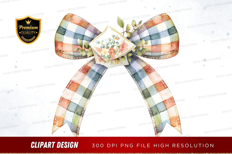 Watercolor plaid bow with floral accent