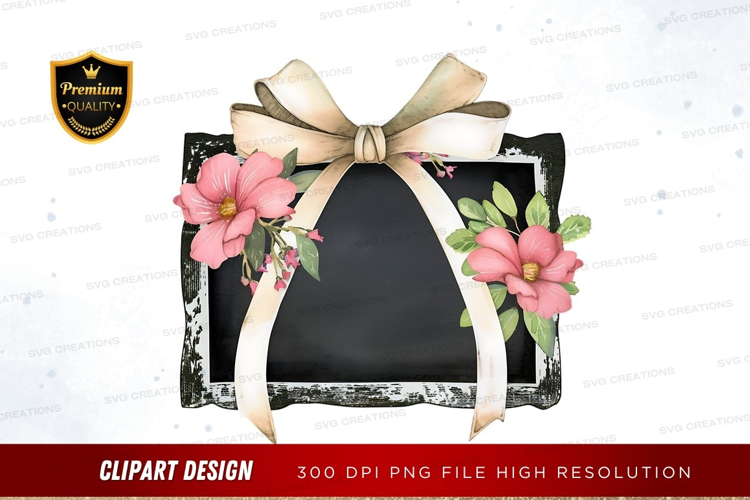 Decorative chalkboard with flowers and ribbon
