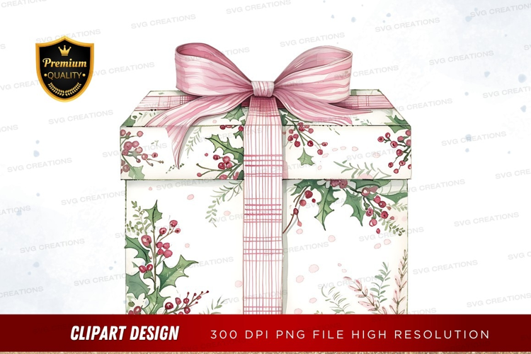 Decorative gift box with holly leaves and berries