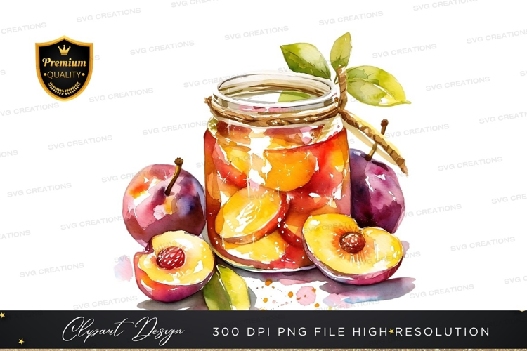 Watercolor illustration of a jar of preserved fruits