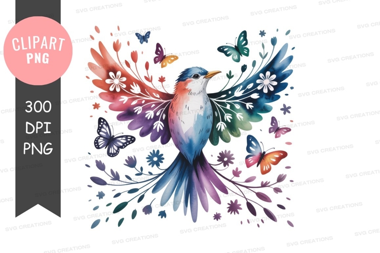 Colorful bird with butterflies and flowers