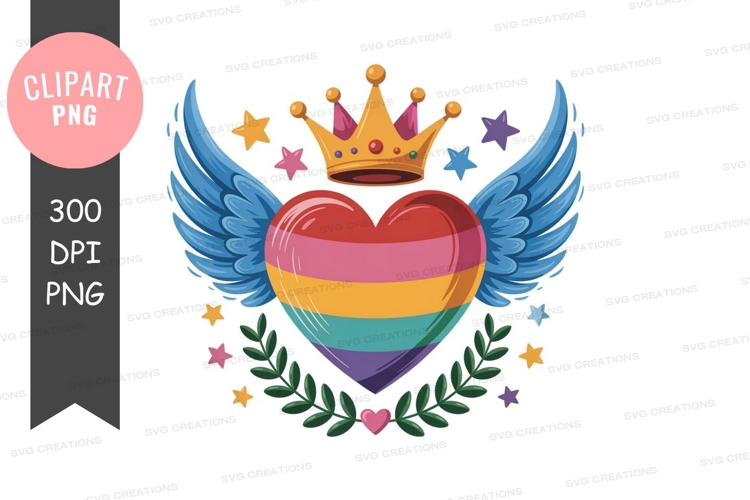 Rainbow heart with wings and crown clipart png