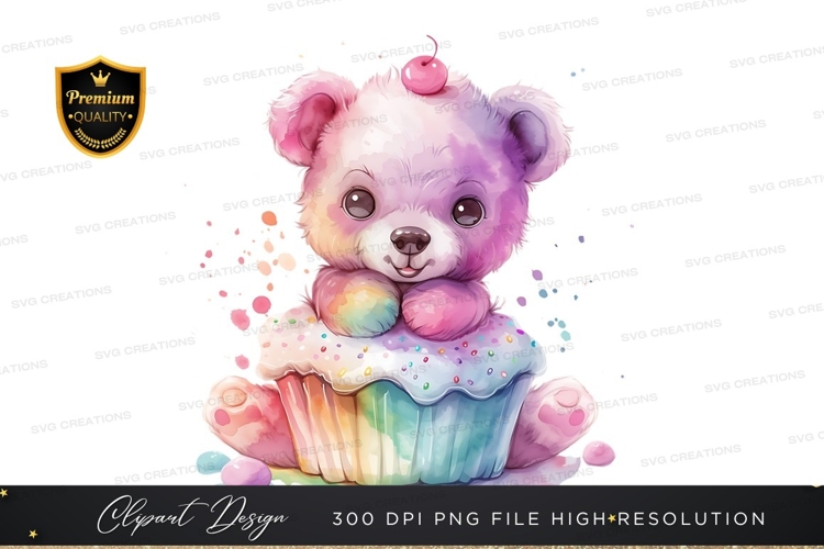 Rainbow teddy bear with cupcake