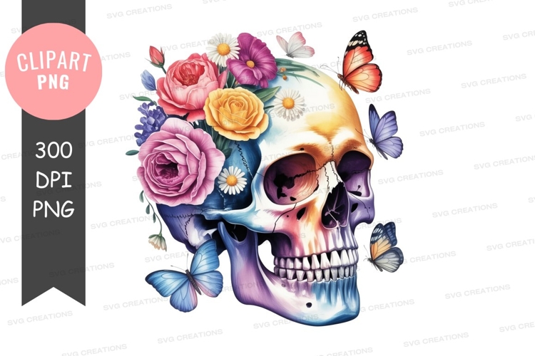 Colorful skull with flowers and butterflies