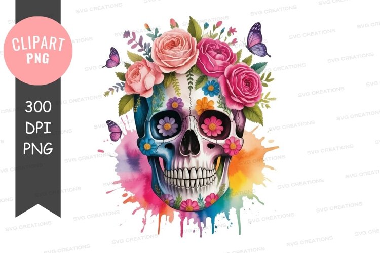 Colorful sugar skull with flowers and butterflies example image 1
