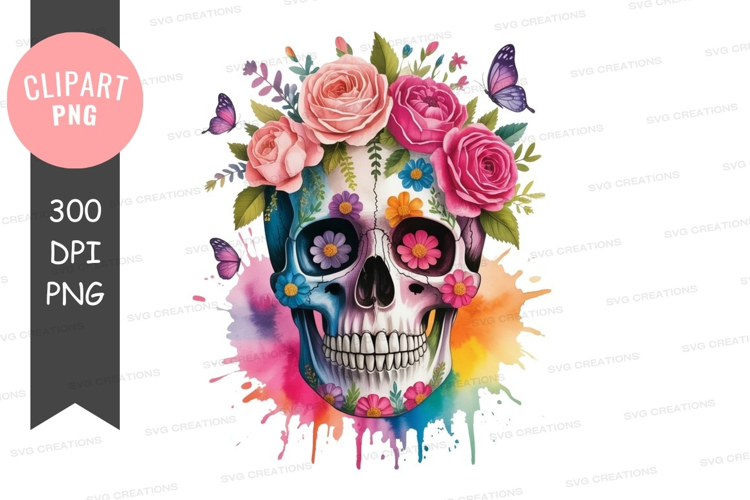 Colorful sugar skull with flowers and butterflies