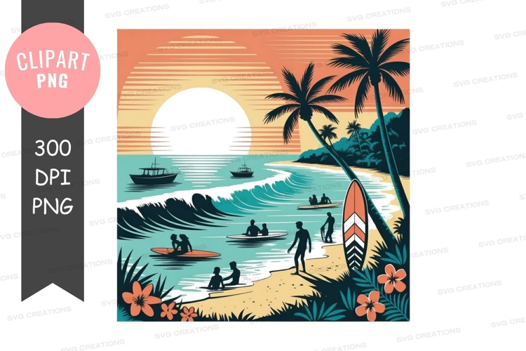 Tropical beach sunset with surfers