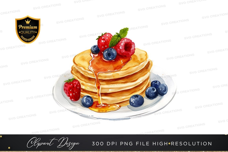 Delicious stack of pancakes with berries and syrup