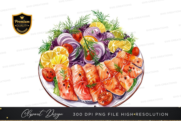 Fresh salmon platter with lemon and vegetables