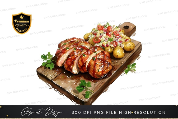 Grilled chicken with potatoes and salad