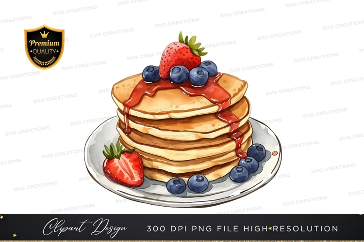 Delicious stack of pancakes with berries and syrup