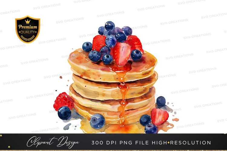 Delicious stack of pancakes with berries and syrup